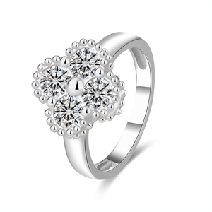 Silver ring with diamond-like stones on a white background