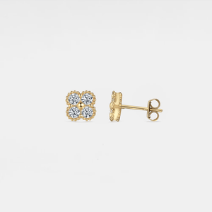 A pair of gold-plated sterling silver stud earrings featuring a four leaf clover design with certified moissanite gemstones.