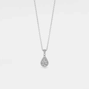 Silver teardrop pendant necklace on a light gray background