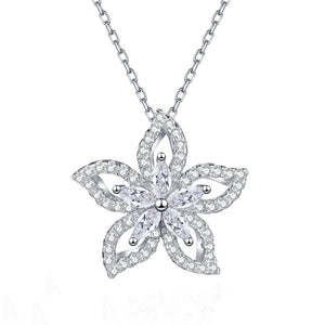 Silver flower-shaped pendant necklace on a white background