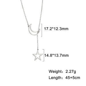 Silver necklace with moon and star pendants on a white background, showing measurements and weight.