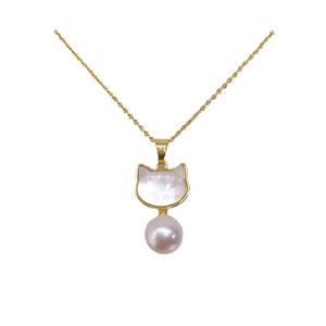 Gold necklace with a cat-shaped pendant and pearl drop on a white background