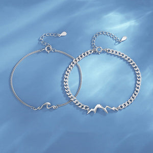 Two silver chain bracelets with wave and mountain designs on a blue background