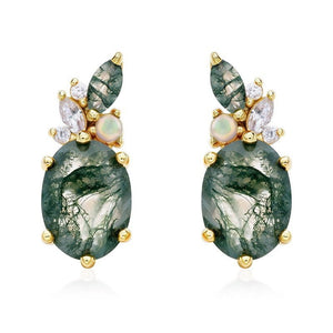 Natural Oval Moss Agate Cluster Stud Earrings - Perimade & Co.