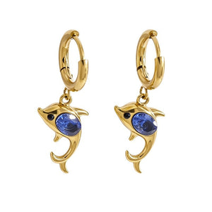 Ocean Dolphin Blue Stone Drop Hoop Earrings - Perimade & Co.