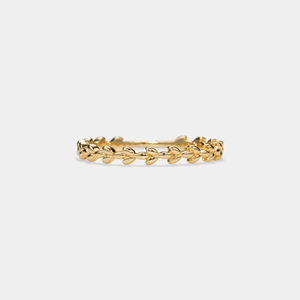A gold-plated sterling silver ring featuring a series of olive leaf designs stacked on each other.