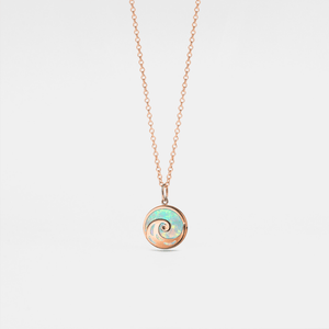Rose gold locket necklace with a round pendant featuring a wave design on a light gray background