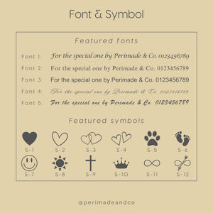 Jewelry engraving guide showing five font options labeled Font 1–5 with sample text and a selection of symbol icons including hearts, paw print, smiley face, cross, crown, infinity, and arrow, on a neutral beige background.