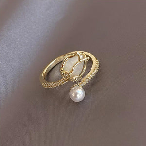 Opal Pink Tulip Flower Pearl Stacking Ring - Perimade & Co.