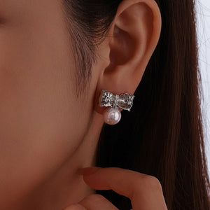 Open Snowflake Bow Pearl Drop Stud Earrings - Perimade & Co.
