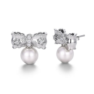 Open Snowflake Bow Pearl Drop Stud Earrings - Perimade & Co.