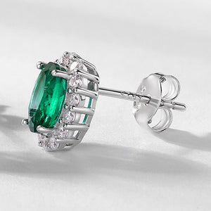 Oval - Cut Emerald Halo Wedding Stud Earrings - Perimade & Co.