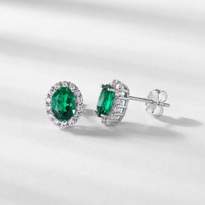 Oval - Cut Emerald Halo Wedding Stud Earrings - Perimade & Co.