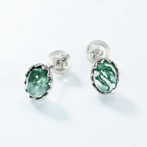 Oval Moss Agate Cabochon Stud Earrings - Perimade & Co.