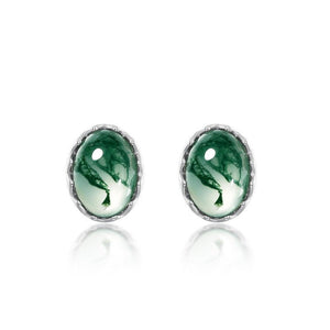 Oval Moss Agate Cabochon Stud Earrings - Perimade & Co.