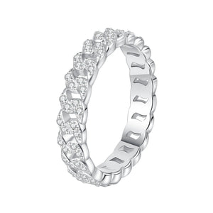 Silver ring with diamond accents on a white background