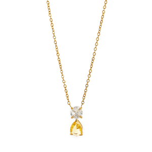 Gold necklace with a yellow teardrop pendant on a white background