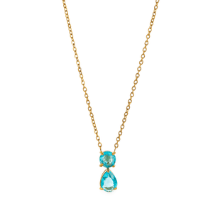 Gold necklace with two turquoise gemstones on a white background