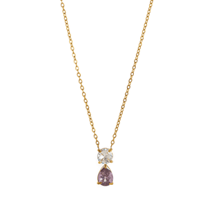 Gold necklace with a pendant featuring two gemstones on a white background
