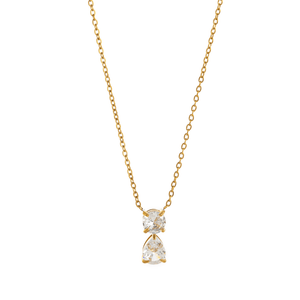 Gold necklace with a teardrop-shaped diamond pendant on a white background