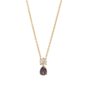Gold necklace with a teardrop-shaped purple gemstone pendant on a white background