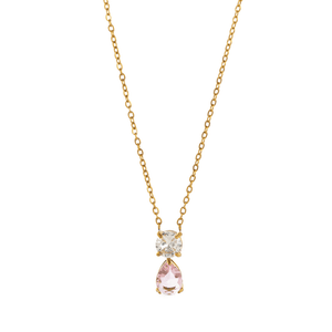 Gold necklace with a pendant featuring two gemstones on a white background