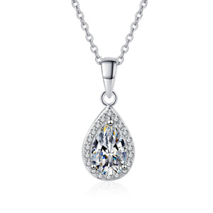 Teardrop-shaped diamond pendant on a white background