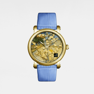 Watch with gold case and blue leather strap on a white background