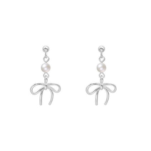 Pearl Bow Tie Dangle Drop Wedding Earrings - Perimade & Co.