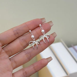 Pearl Bow Tie Dangle Drop Wedding Earrings - Perimade & Co.
