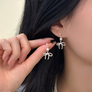 Pearl Bow Tie Dangle Drop Wedding Earrings - Perimade & Co.