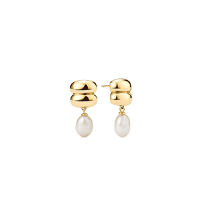 Gold earrings with pearl drops on a white background