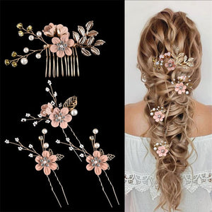 Set of floral hair accessories with a close-up and application on hair.