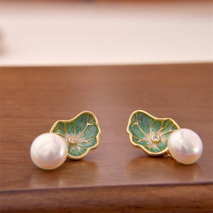 Pearl Green Lotus Leaf Wedding Stud Earrings - Perimade & Co.
