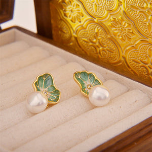 Pearl Green Lotus Leaf Wedding Stud Earrings - Perimade & Co.