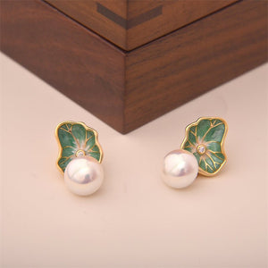 Pearl Green Lotus Leaf Wedding Stud Earrings - Perimade & Co.