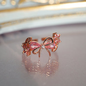 Pink CZ Bow Knot Flower Leaf Adjustable Ring - Perimade & Co.