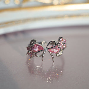 Pink CZ Bow Knot Flower Leaf Adjustable Ring - Perimade & Co.