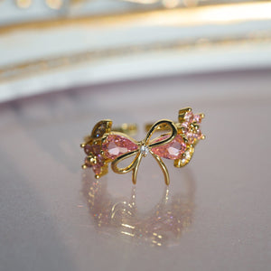 Pink CZ Bow Knot Flower Leaf Adjustable Ring - Perimade & Co.
