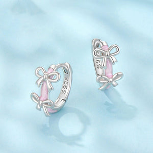 Pink Enamel Dual Bow Huggie Hoop Earrings - Perimade & Co.