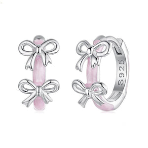 Pink Enamel Dual Bow Huggie Hoop Earrings - Perimade & Co.