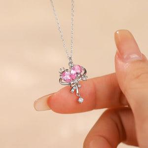 Pink Heart Crown Bow Knot Pendant Necklace - Perimade & Co.
