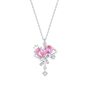 Pink Heart Crown Bow Knot Pendant Necklace - Perimade & Co.