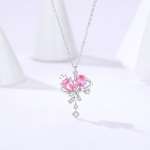 Pink Heart Crown Bow Knot Pendant Necklace - Perimade & Co.
