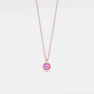 A gold-plated chain necklace with a solid 925 sterling silver pink evil eye charm pendant.