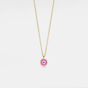 A gold-plated chain necklace with a solid 925 sterling silver pink evil eye charm pendant.