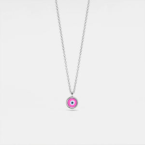 A gold-plated chain necklace with a solid 925 sterling silver pink evil eye charm pendant.