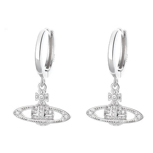 Pair of silver hoop earrings with a brand logo on a white background