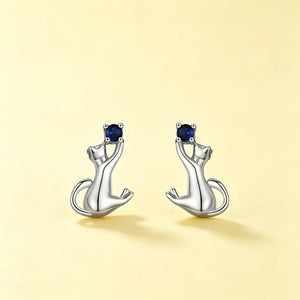 Playful Cat Sapphire Blue Stone Stud Earrings - Perimade & Co.