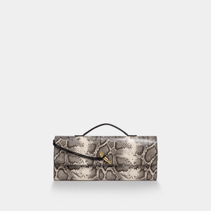 Snakeskin patterned clutch bag on a white background